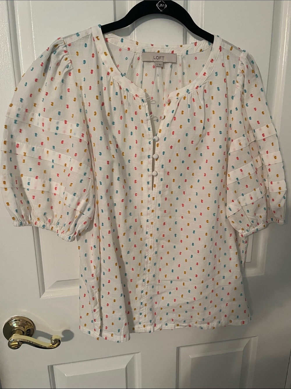 LOFT White Button-Front Puff Sleeve Top with Multicolor Dot Print